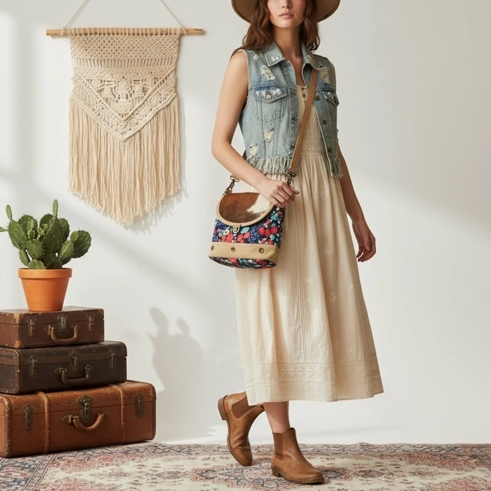 MYRA Bag Cross Body Floral Cowhide Leather Calf Hair Handcrafted Bag